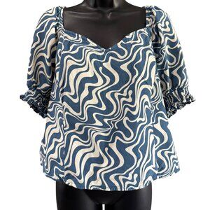 Ava & Viv Size X(14) Blue White Peasant Top Puff Sleeves Smocked Back